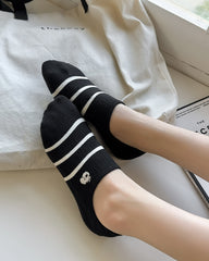 Sweetnana 5-Pack No Show Socks for Women Black&White College-style Striped Embroidered Invisible Socks Cotton Thin Low Cut Socks