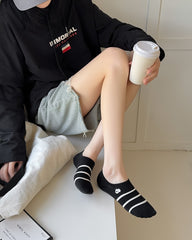 Sweetnana 5-Pack No Show Socks for Women Black&White College-style Striped Embroidered Invisible Socks Cotton Thin Low Cut Socks