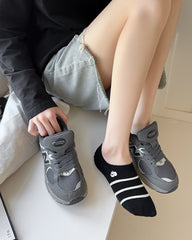 Sweetnana 5-Pack No Show Socks for Women Black&White College-style Striped Embroidered Invisible Socks Cotton Thin Low Cut Socks