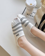 Sweetnana 5-Pack No Show Socks for Women Black&White College-style Striped Embroidered Invisible Socks Cotton Thin Low Cut Socks