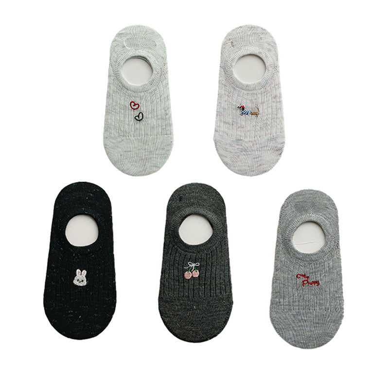 5-Pack Women's No Show Socks Cartoon Embroidery Invisible Liner Non Slip Socks