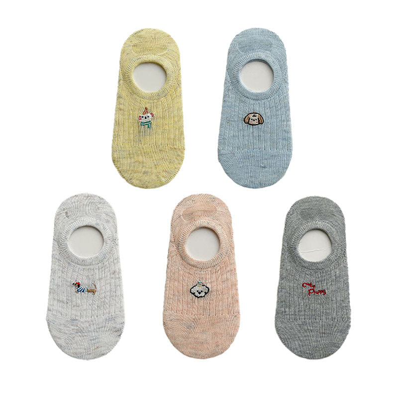 5-Pack Women's No Show Socks Cartoon Embroidery Invisible Liner Non Slip Socks
