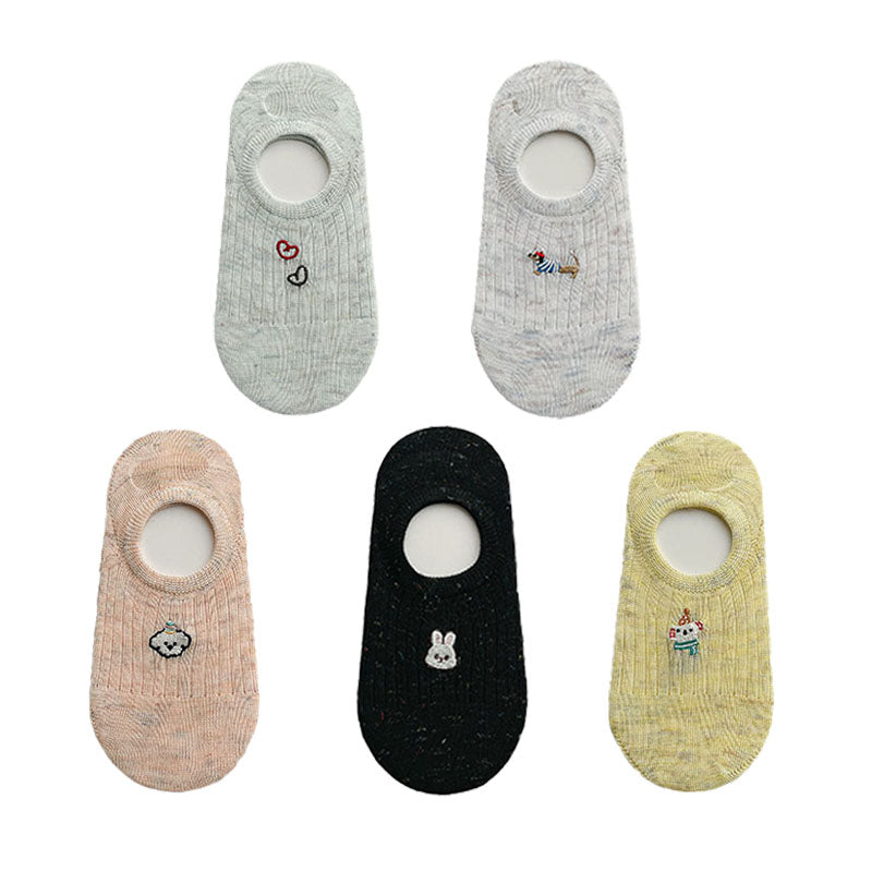 5-Pack Women's No Show Socks Cartoon Embroidery Invisible Liner Non Slip Socks