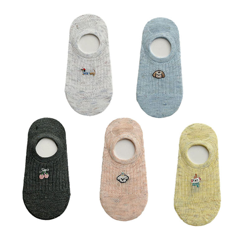5-Pack Women's No Show Socks Cartoon Embroidery Invisible Liner Non Slip Socks