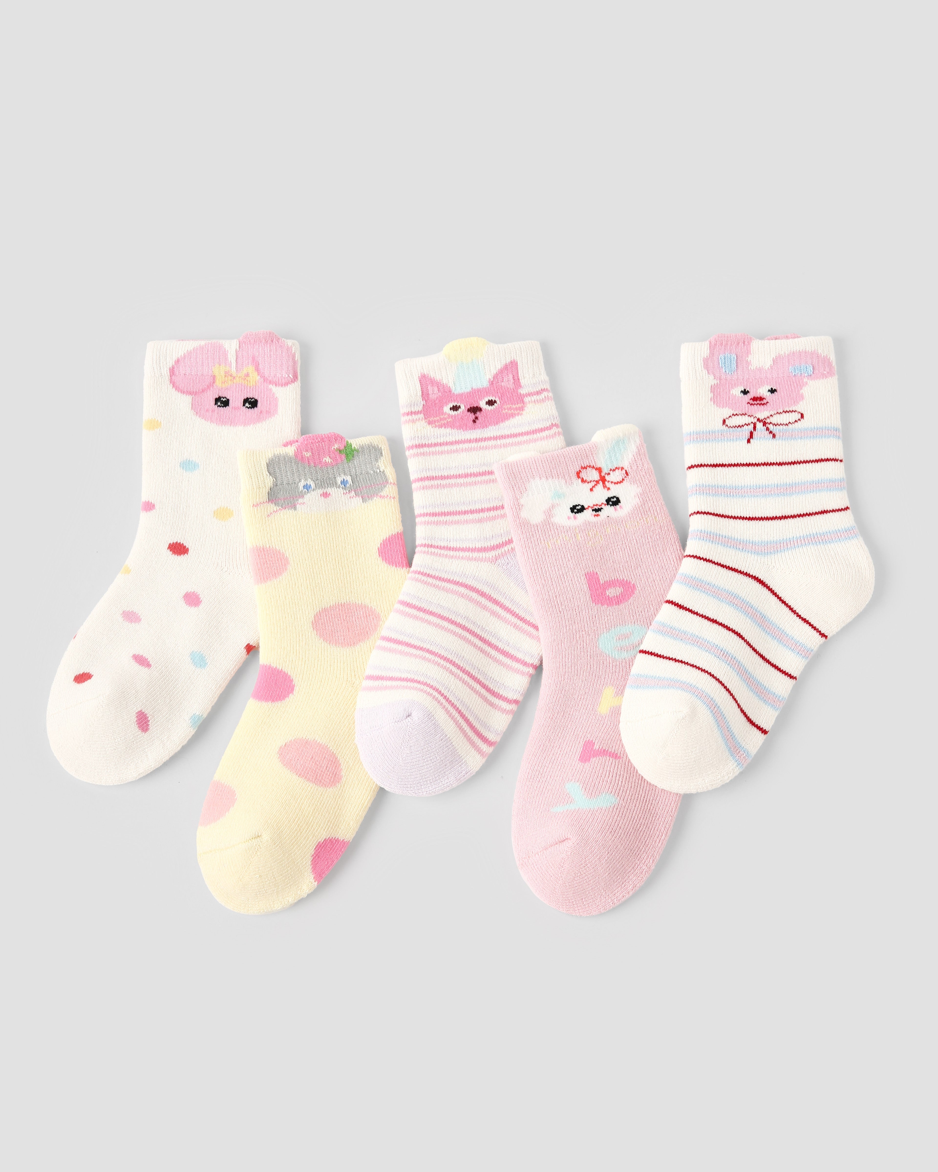 5-팩 핑크 고양이 토끼 테리 아동 양말 두꺼운 따뜻한 면 크루 양말
