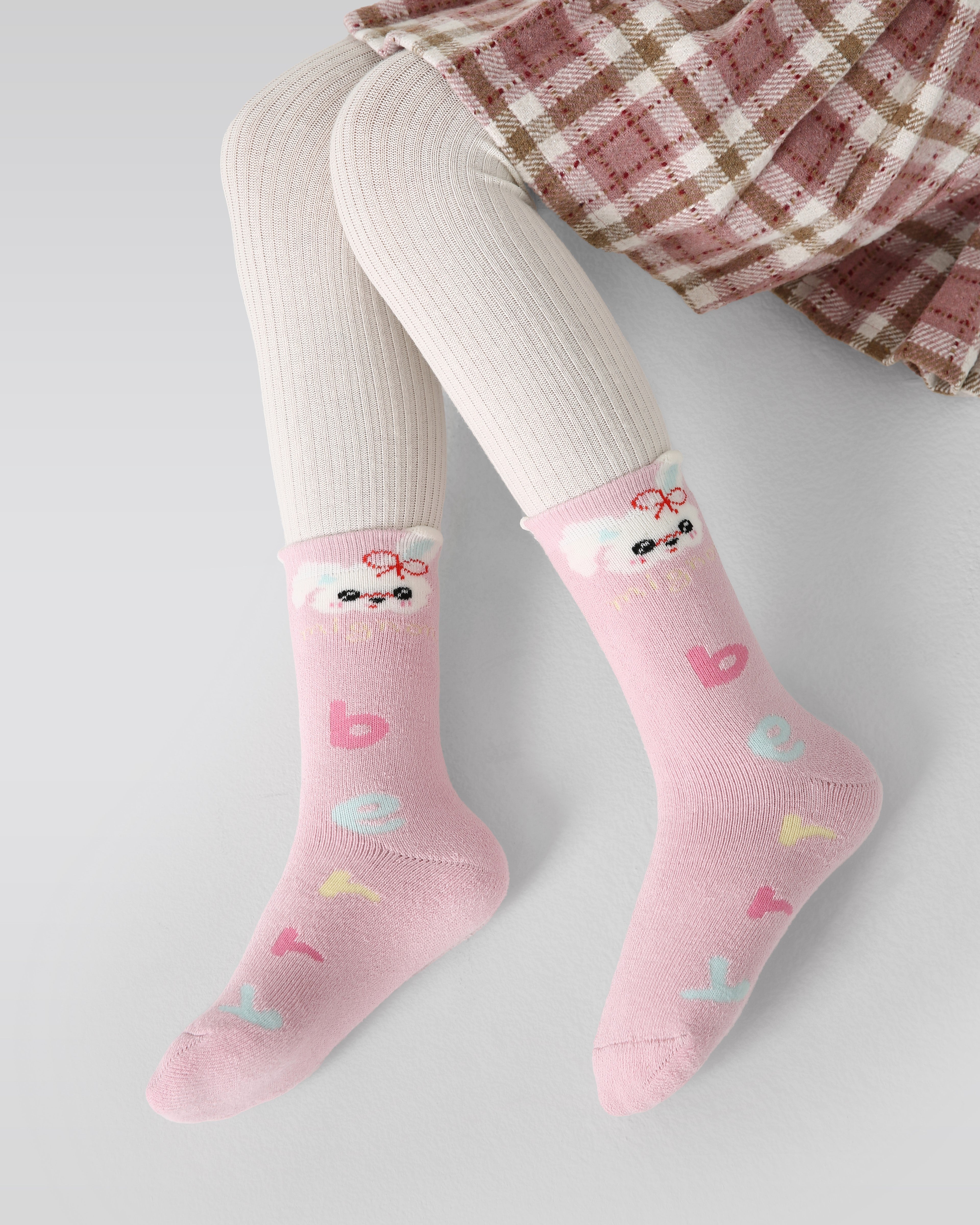 5-팩 핑크 고양이 토끼 테리 아동 양말 두꺼운 따뜻한 면 크루 양말