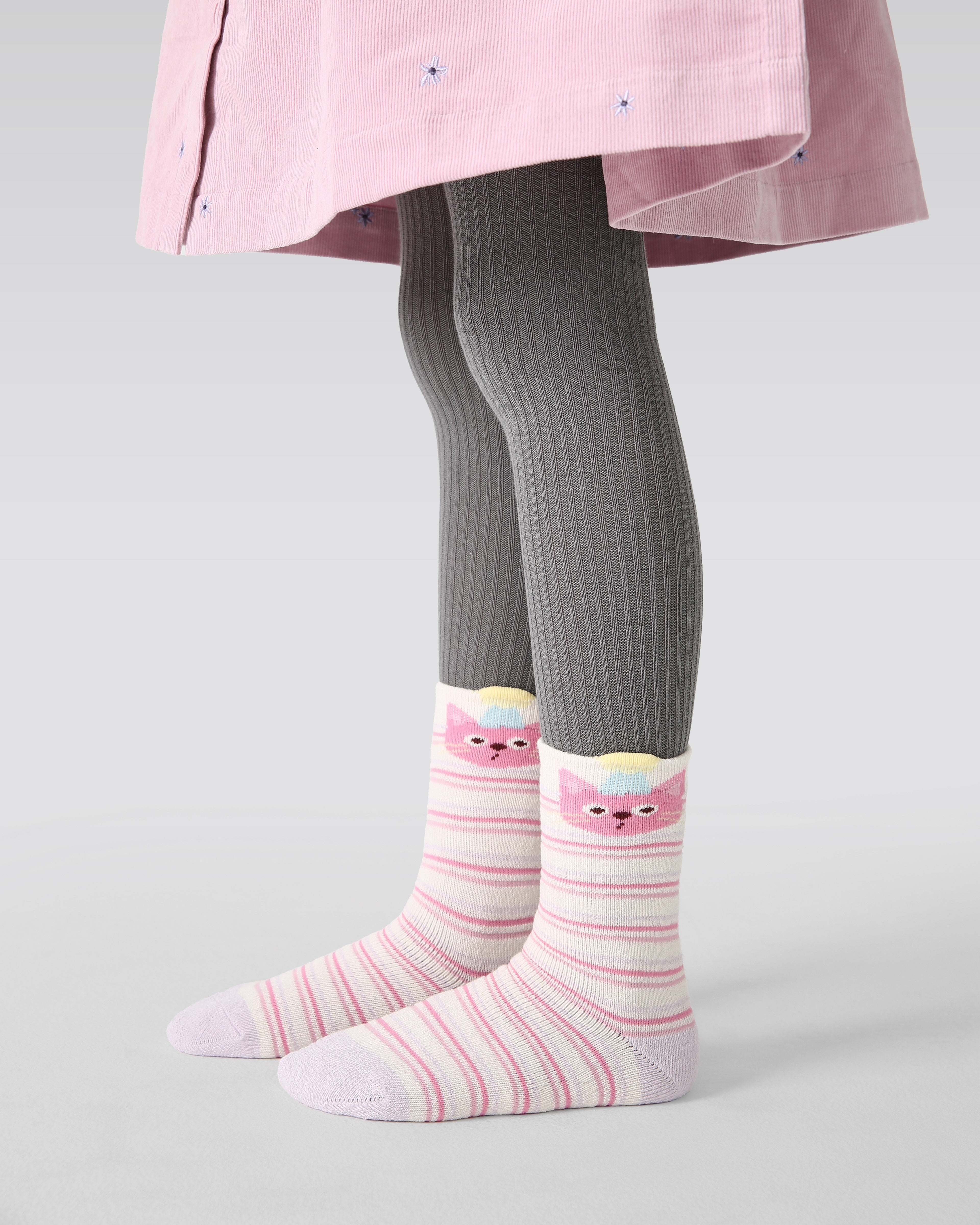 5-팩 핑크 고양이 토끼 테리 아동 양말 두꺼운 따뜻한 면 크루 양말