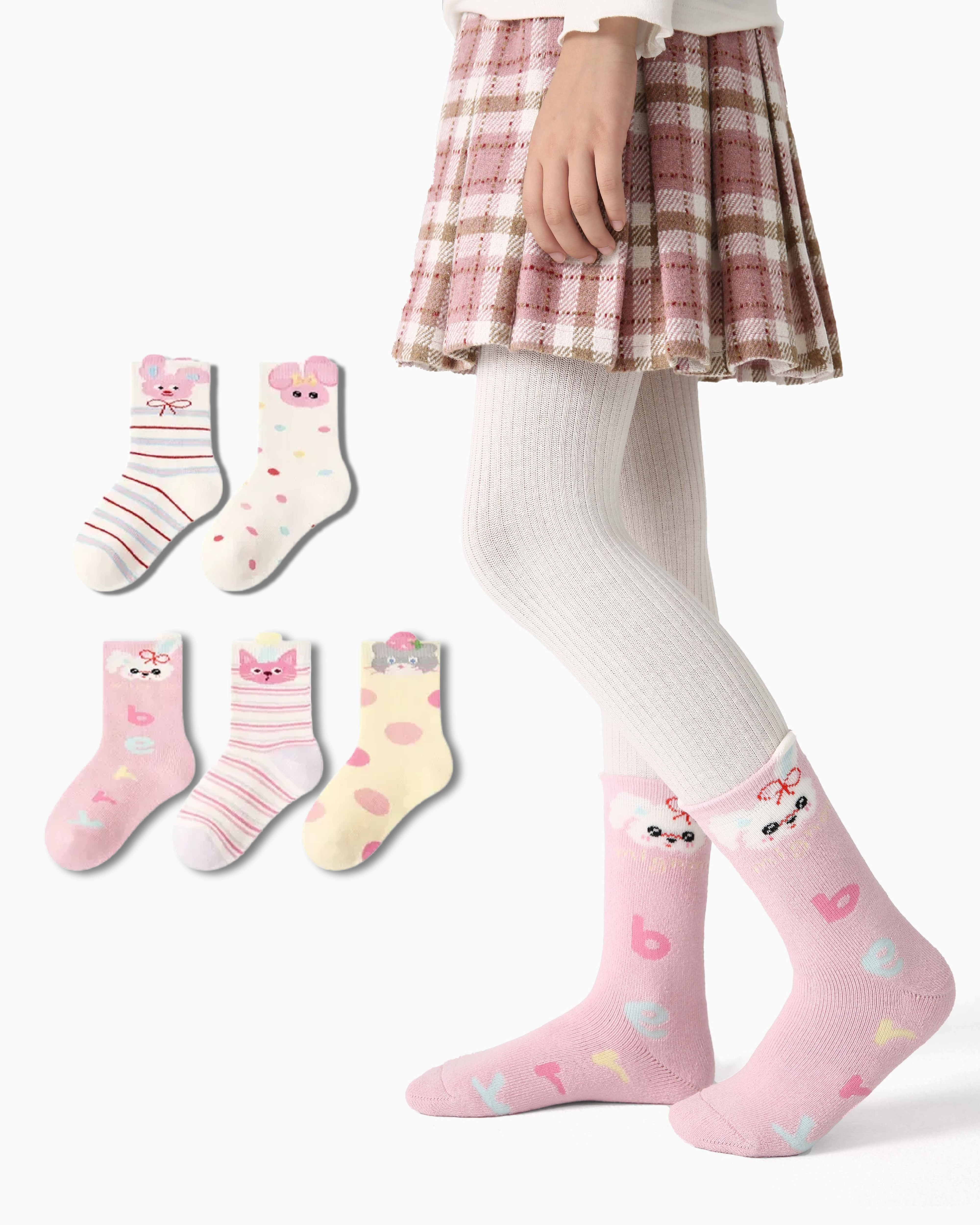 5-팩 핑크 고양이 토끼 테리 아동 양말 두꺼운 따뜻한 면 크루 양말