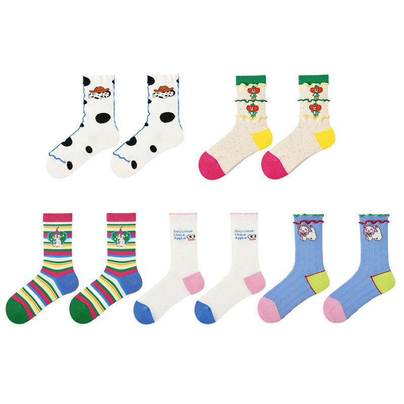 5-Pack Women's Cotton Crew Socks Happy Notes Series Cute Breathable