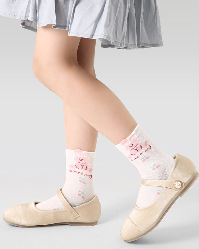 5足セット キッズコットンクルーソックス ピンクバニーリボン かわいいカジュアル