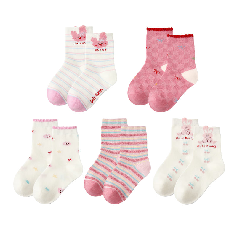 5足セット キッズコットンクルーソックス ピンクバニーリボン かわいいカジュアル