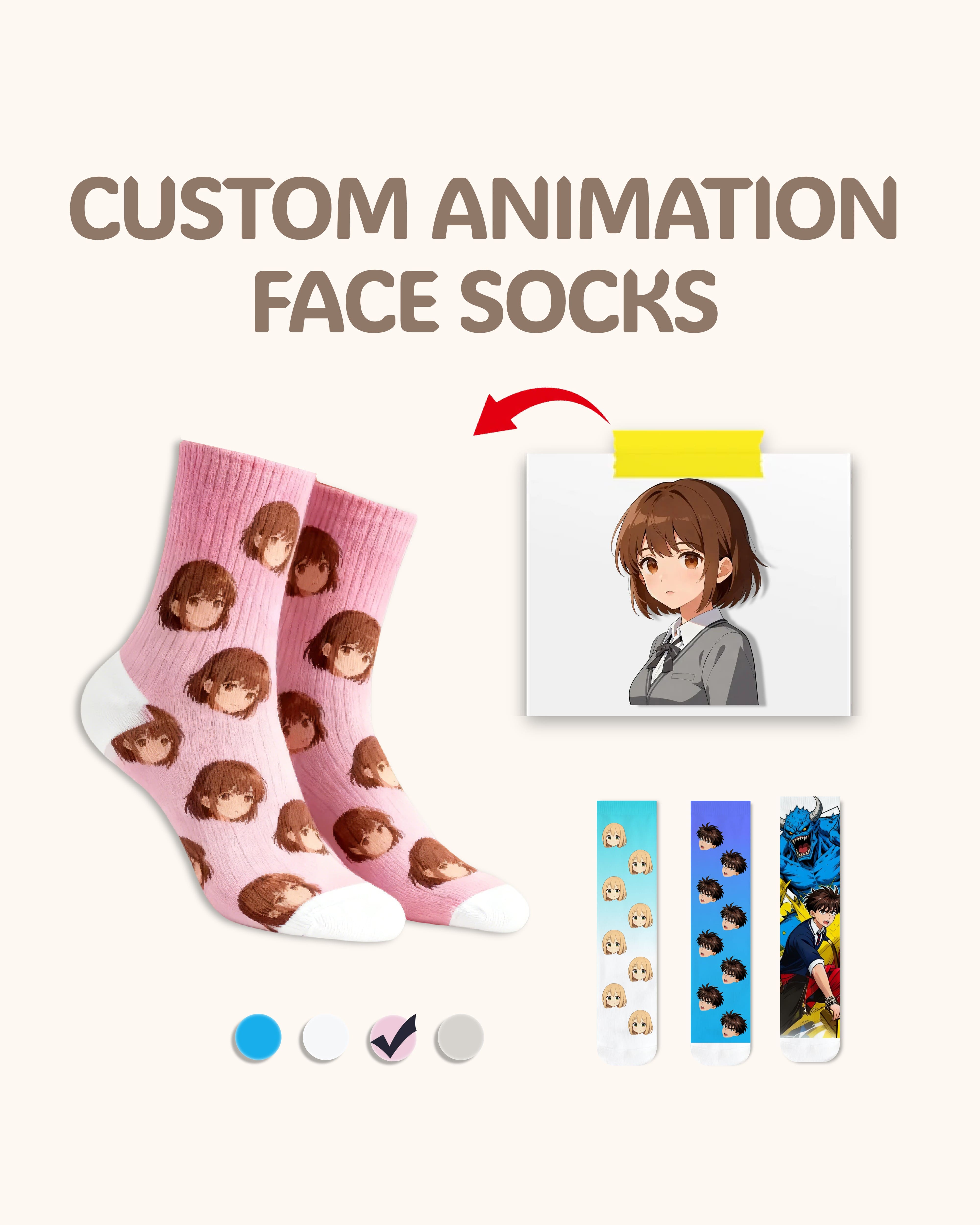성인 맞춤 애니메 얼굴 크루 양말 개인화 만화 캐릭터 양말 애니메 팬을 위한 선물 화이트 토