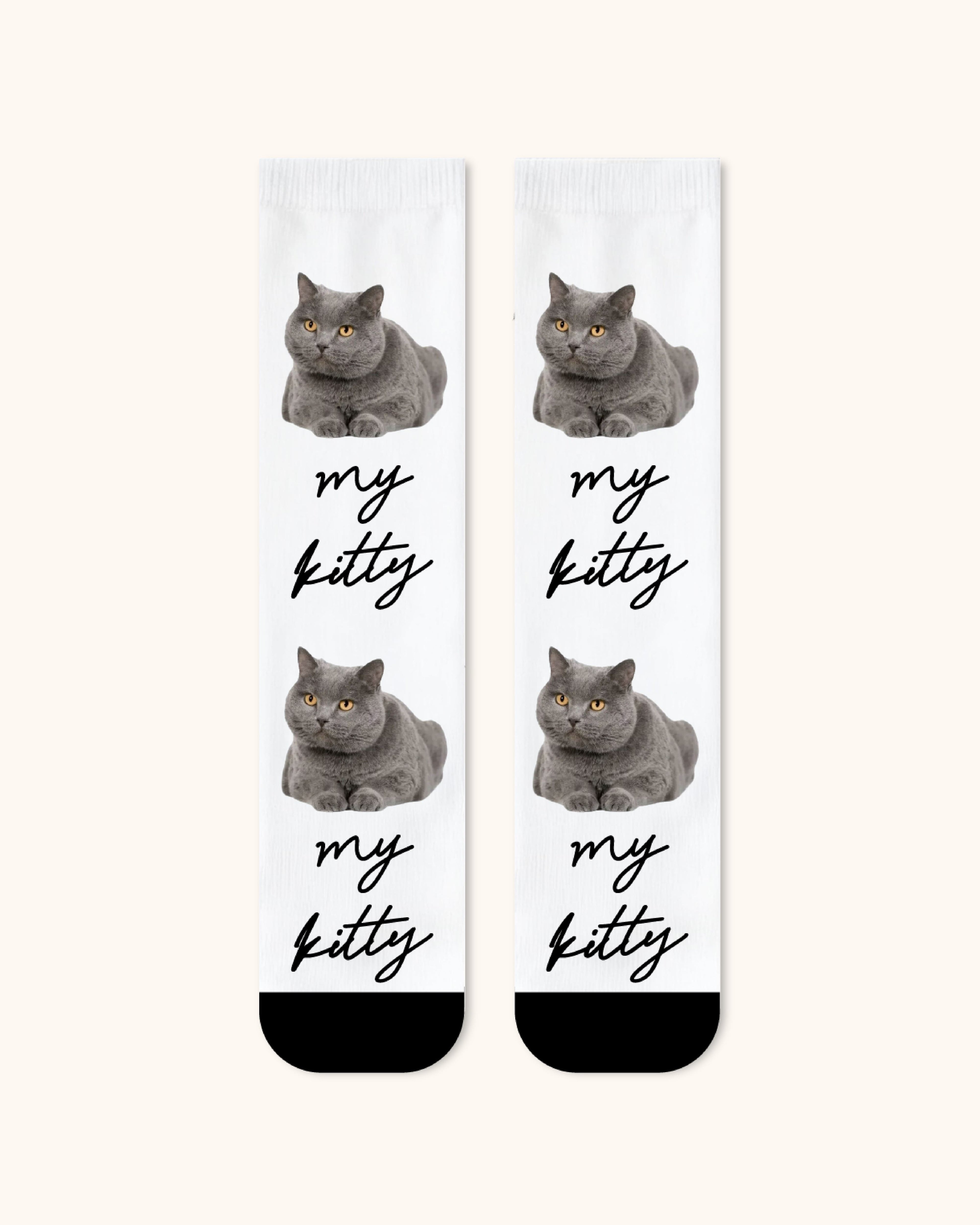 Adults Custom Cat Face Crew Socks Personalized Pet Photo Socks Gift Black Toe - SWEET NANA