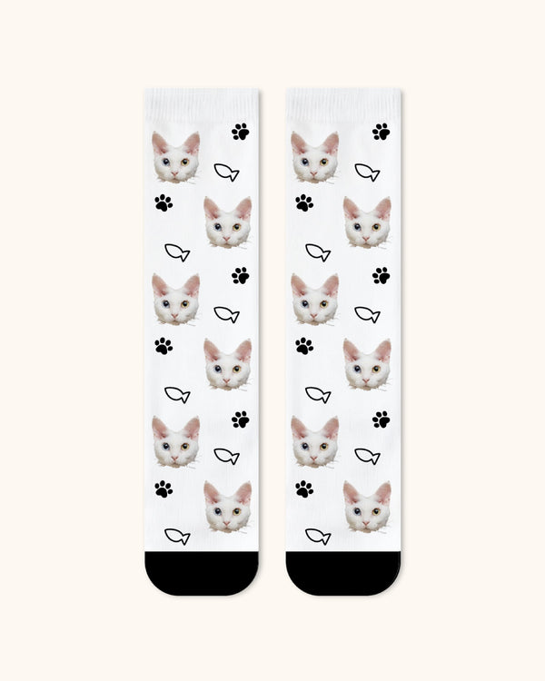Adults Custom Cat Face Crew Socks Personalized Pet Photo Socks Gift Black Toe - SWEET NANA
