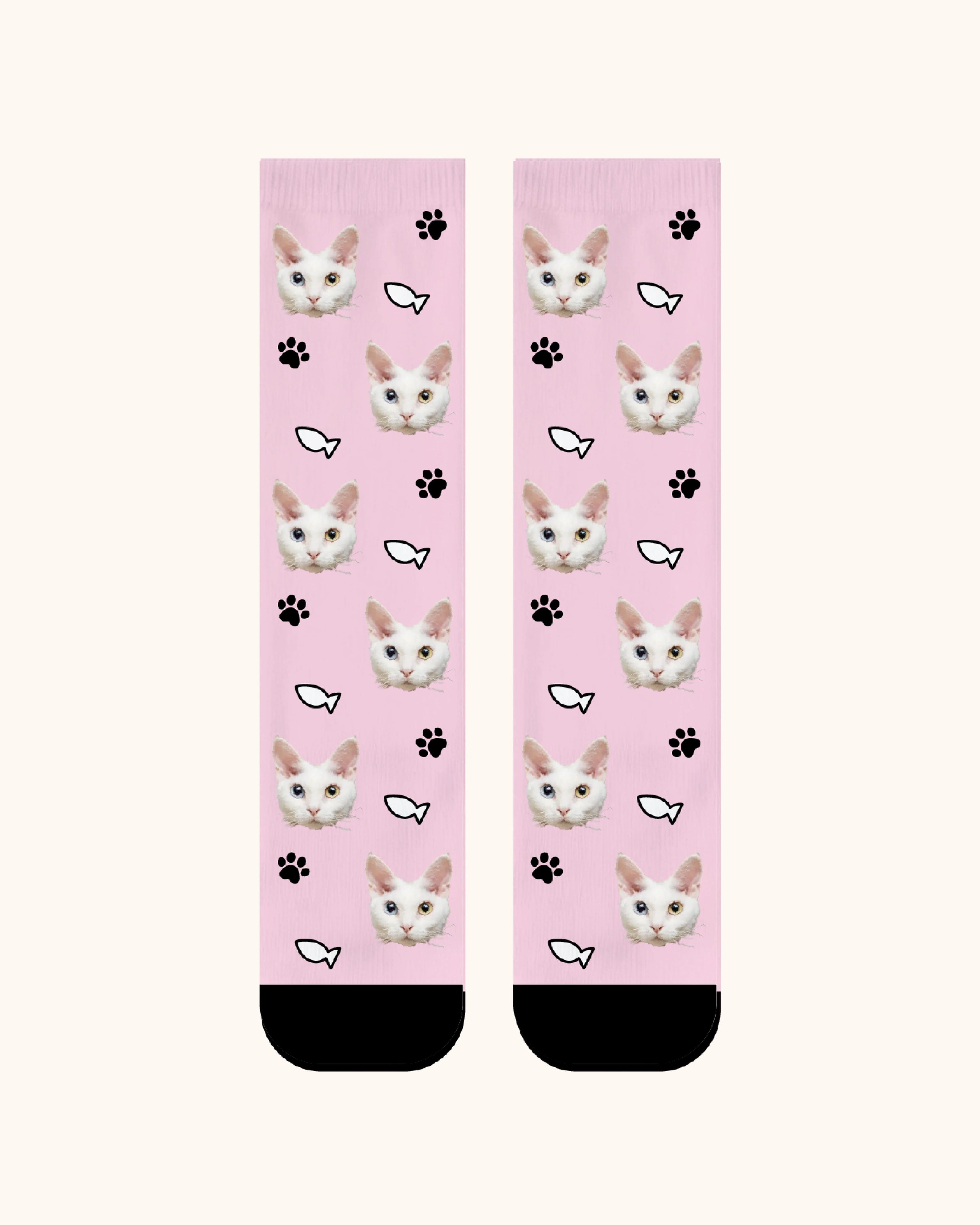 Adults Custom Cat Face Crew Socks Personalized Pet Photo Socks Gift Black Toe - SWEET NANA