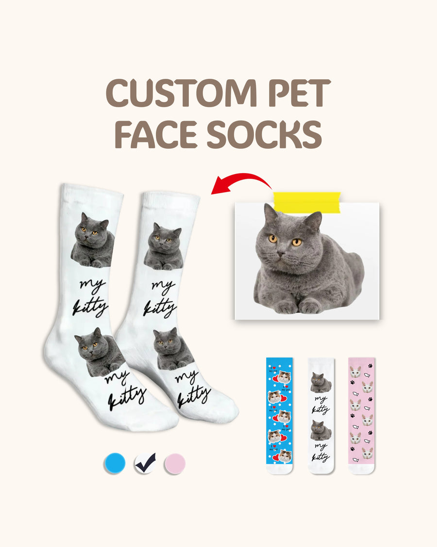 Adults Custom Cat Face Crew Socks Personalized Pet Photo Socks Gift White Toe - SWEET NANA