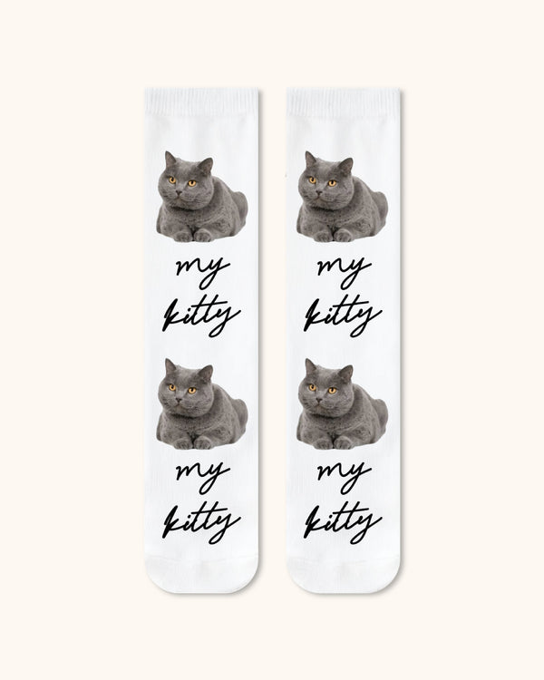Adults Custom Cat Face Crew Socks Personalized Pet Photo Socks Gift White Toe - SWEET NANA