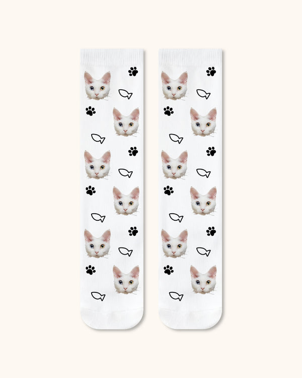 Adults Custom Cat Face Crew Socks Personalized Pet Photo Socks Gift White Toe - SWEET NANA