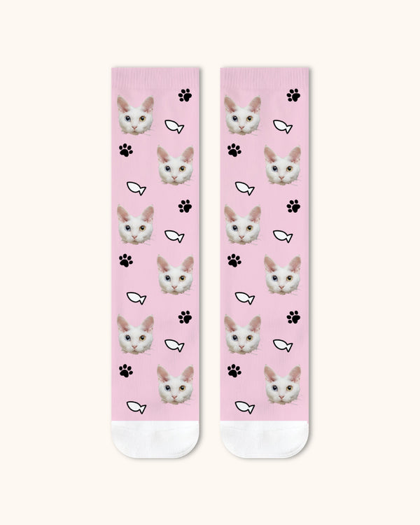 Adults Custom Cat Face Crew Socks Personalized Pet Photo Socks Gift White Toe - SWEET NANA