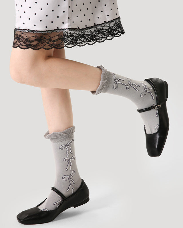 Women Cotton Crew Socks Bow Print Frilly Crimping Ladylike Thick Warm