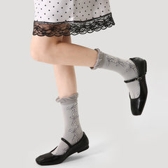 Sweetnana F/W Women's Cotton Socks with Bow Print Design, Frilly Ruffed Socks, Ladylike Cozy Crew Socks.