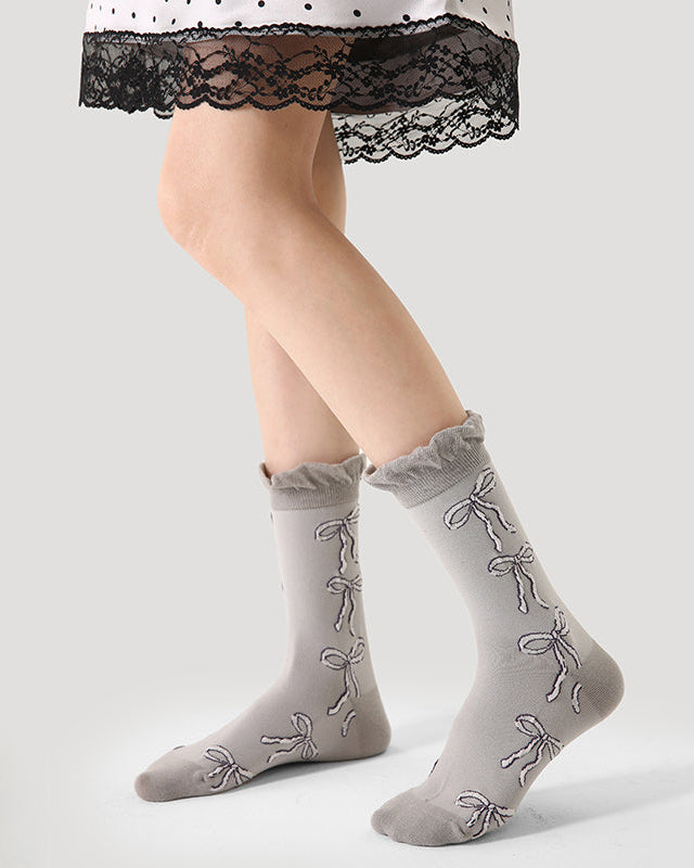 Women Cotton Crew Socks Bow Print Frilly Crimping Ladylike Thick Warm