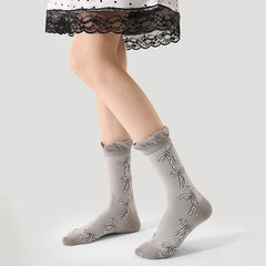 Sweetnana F/W Women's Cotton Socks with Bow Print Design, Frilly Ruffed Socks, Ladylike Cozy Crew Socks.