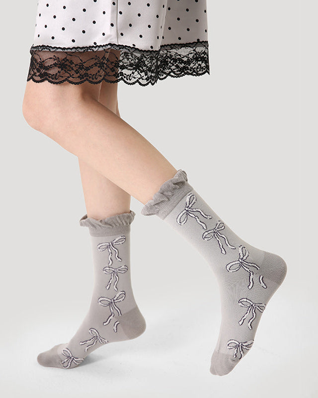 Women Cotton Crew Socks Bow Print Frilly Crimping Ladylike Thick Warm