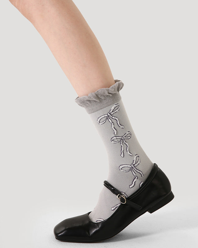 Women Cotton Crew Socks Bow Print Frilly Crimping Ladylike Thick Warm