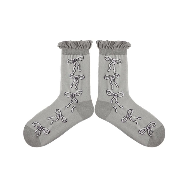 Women Cotton Crew Socks Bow Print Frilly Crimping Ladylike Thick Warm