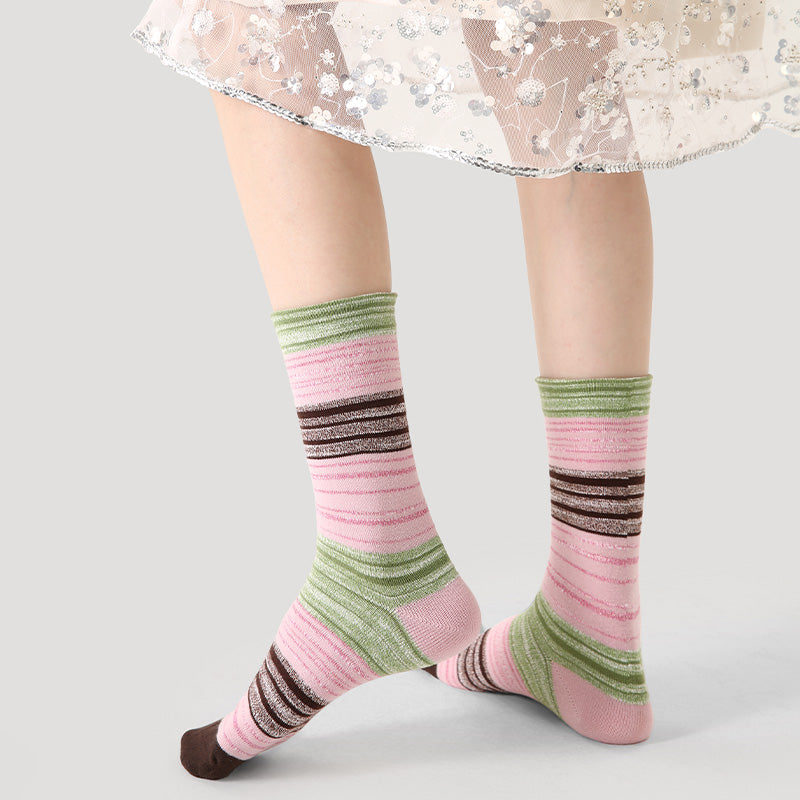 Women Cotton Crew Socks Colorful Stripe Contrast Indie Style Warm