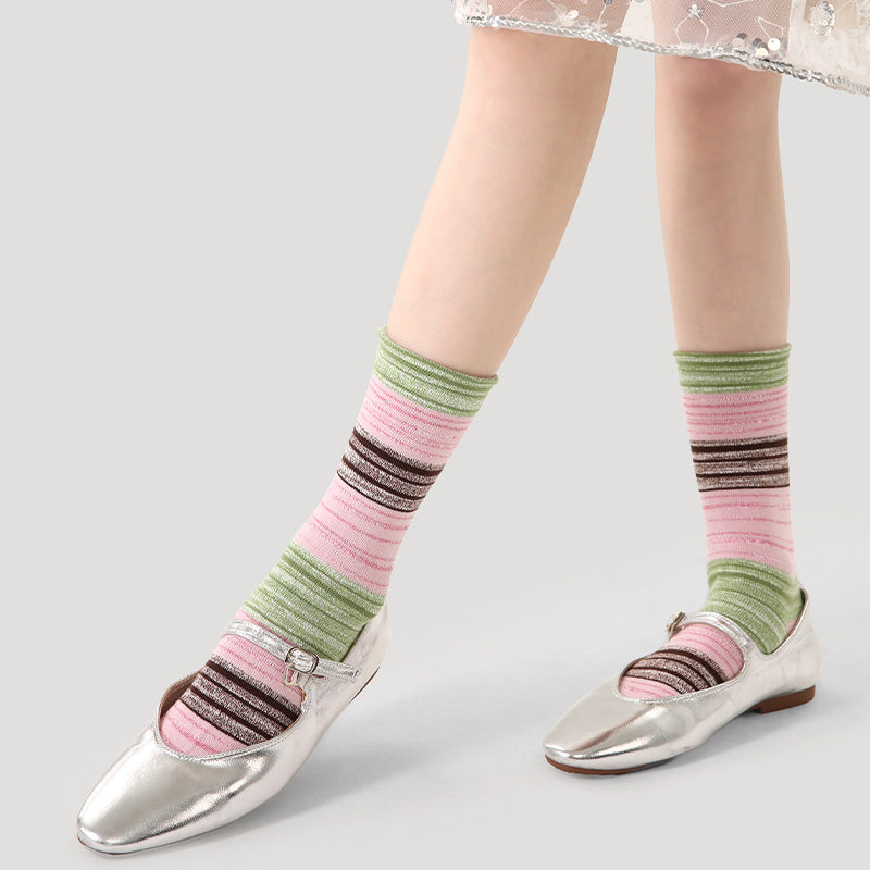 Women Cotton Crew Socks Colorful Stripe Contrast Indie Style Warm