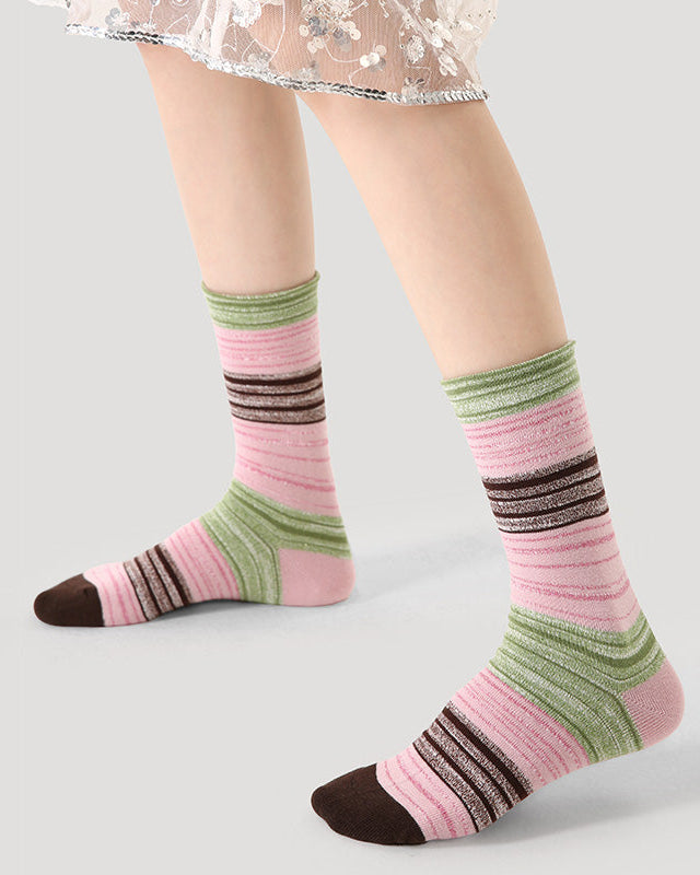 Women Cotton Crew Socks Colorful Stripe Contrast Indie Style Warm