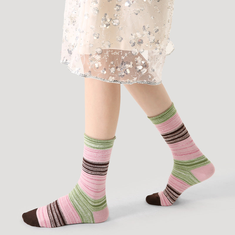Women Cotton Crew Socks Colorful Stripe Contrast Indie Style Warm