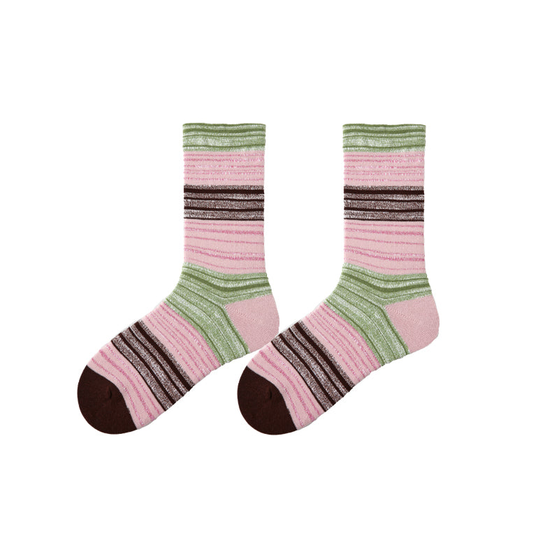 Women Cotton Crew Socks Colorful Stripe Contrast Indie Style Warm