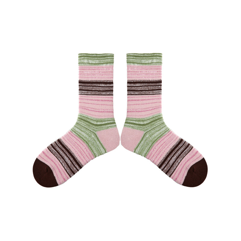 Women Cotton Crew Socks Colorful Stripe Contrast Indie Style Warm