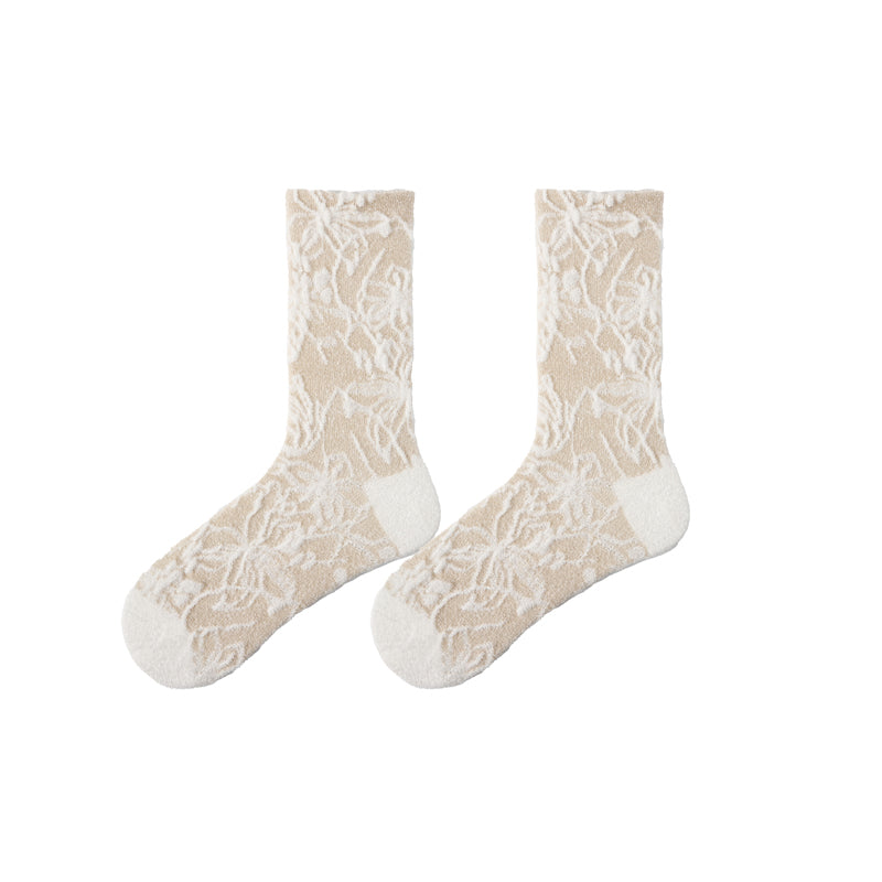 Women Ballet Cotton Crew Socks Floral Relief Elegant Ladylike Thick Warm