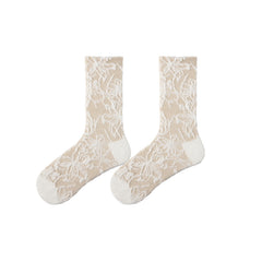 Sweetnana Ballet Style Cotton Socks, Floral Relief Design, Elegant and Ladylike Women's Crew Socks For Autumn/Winter.