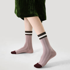 Sweetnana Contrast-Color Trendy Crew Socks Preppy British Style, Stripe Women's Warm Socks for Autumn/Winter.