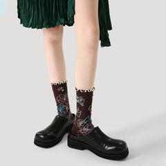 Sweetnana F/W Women's Cotton Socks with Flower Pattern Frilly Ruffed Trendy Socks, Warm Cozy Crew Socks.