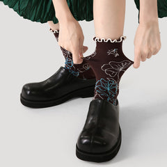 Sweetnana F/W Women's Cotton Socks with Flower Pattern Frilly Ruffed Trendy Socks, Warm Cozy Crew Socks.