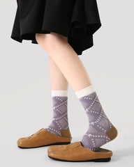 Sweetnana F/W Literary Socks for Women, Warm Cozy Crew Socks, Autumn Argyle Patterned Checkered Socks