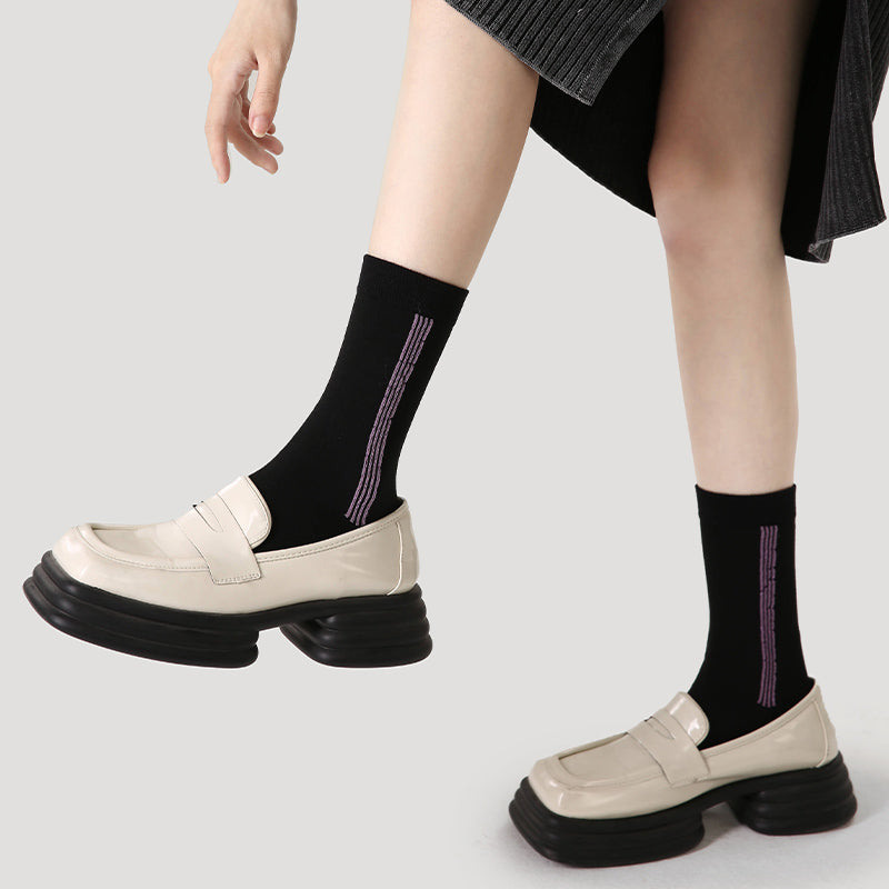 Women's Cotton Crew Socks Vertical Stripe Reversible Thick Warm