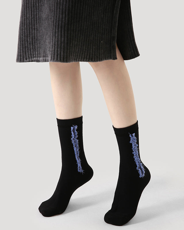 Women's Cotton Crew Socks Vertical Stripe Reversible Thick Warm