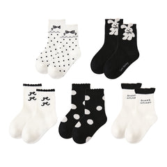 Sweetnana Autumn and Winter Children's Cotton Socks 5-Pack, Bow Print, Polka Dot Design, Ladylike Style, Elegant, Cute, Warm, Thick, Mid-calf Socks.