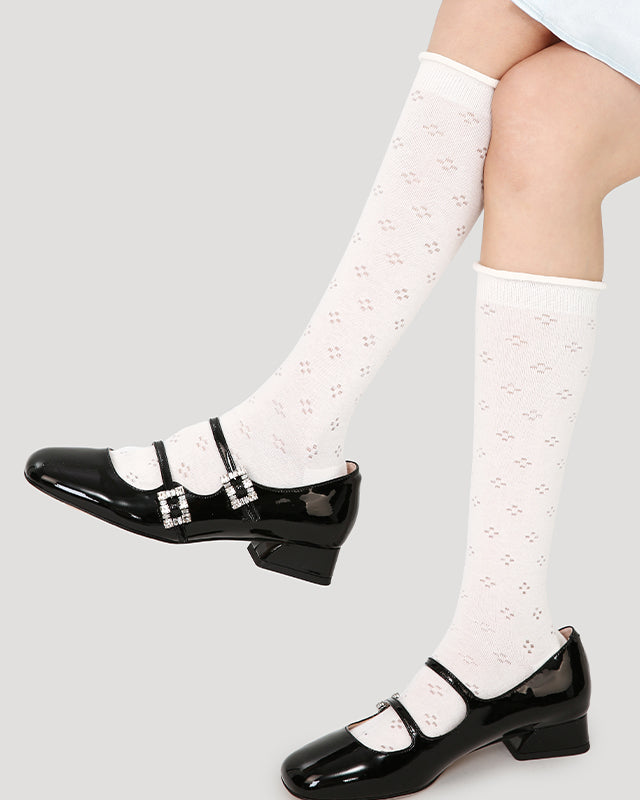 Women's Ballet Cotton Knee High Socks Seamless Mesh Hollow Pattern Thin