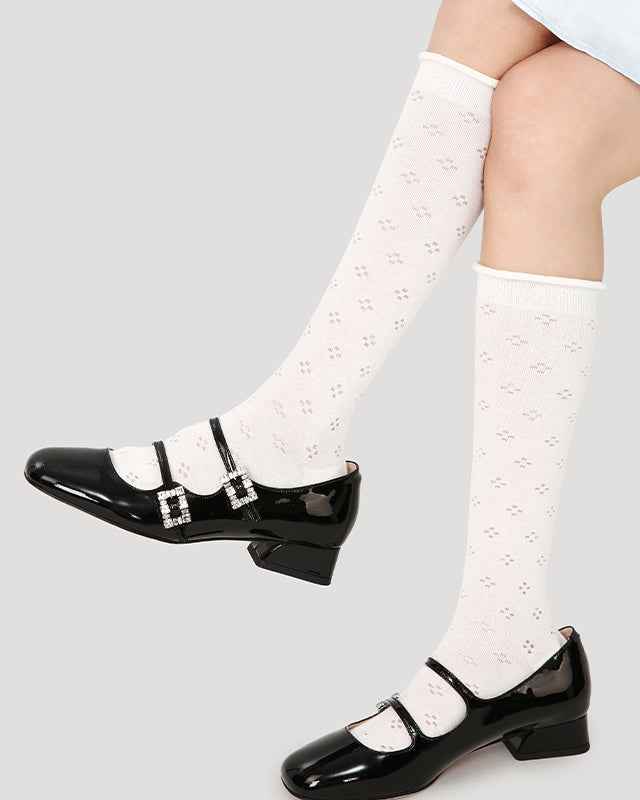 Women Ballet Cotton Knee High Socks Seamless Mesh Hollow Pattern Thin
