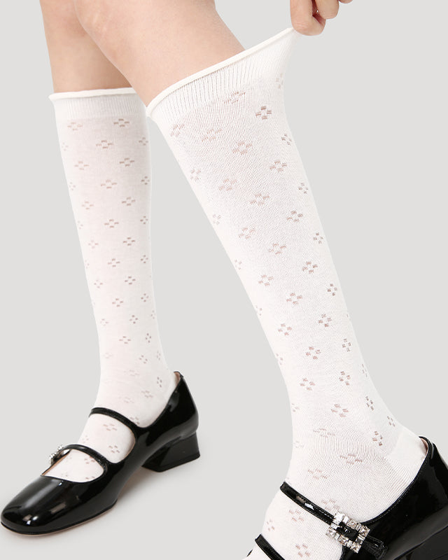 Women's Ballet Cotton Knee High Socks Seamless Mesh Hollow Pattern Thin