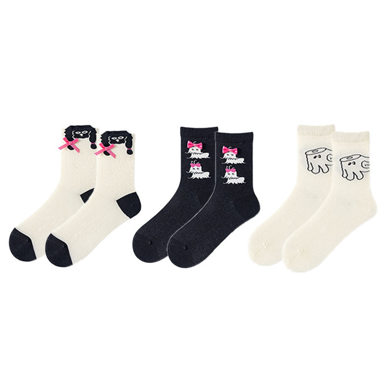 3-Pack Women's Cotton Crew Socks Black&White Cute Casual