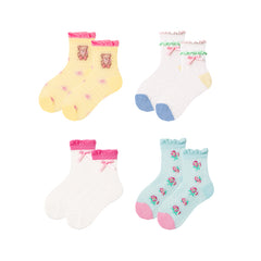 Sweetnana 4-Pack Children's "Colorful Candies" Series Cute Seamless Socks: Cuff Crimping and Bow-Knot Design, Mesh Socks, Thin and Breathable for Spring/Summer.